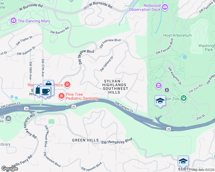 map of restaurants, bars, coffee shops, grocery stores, and more near 1670 Southwest Highland Parkway in Portland
