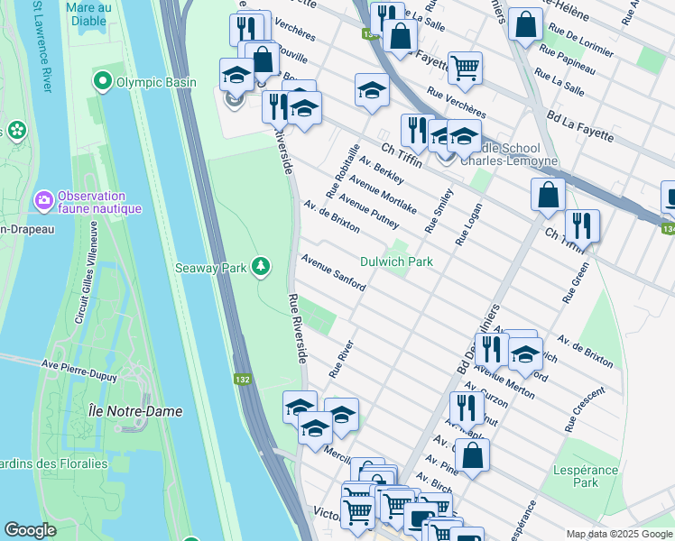 map of restaurants, bars, coffee shops, grocery stores, and more near 156 Avenue de Sanford in Saint-Lambert