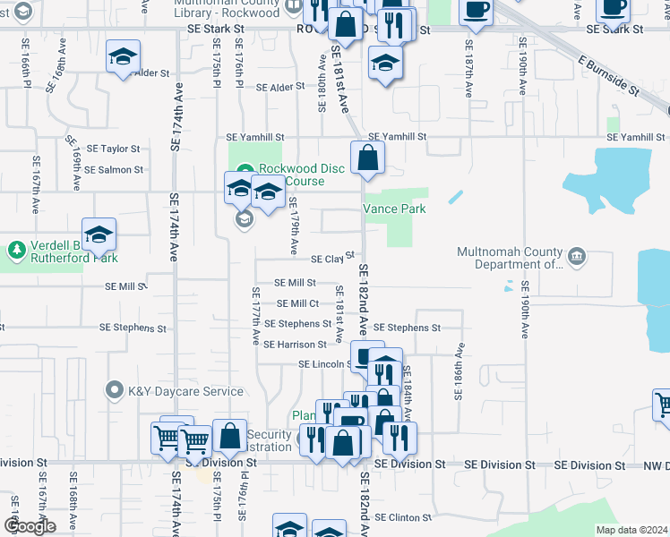 map of restaurants, bars, coffee shops, grocery stores, and more near 18107 Southeast Clay Street in Portland