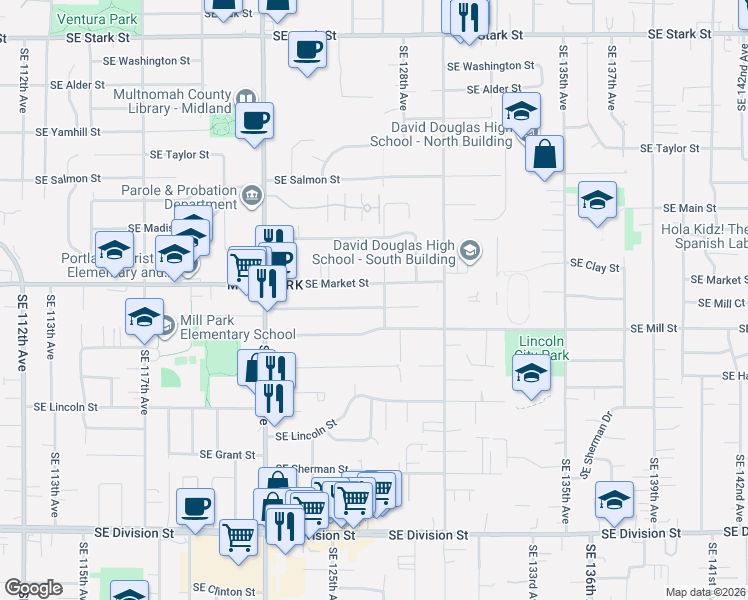 map of restaurants, bars, coffee shops, grocery stores, and more near 12606 Southeast Market Street in Portland