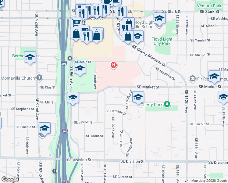 map of restaurants, bars, coffee shops, grocery stores, and more near 10140 Southeast Market Street in Portland