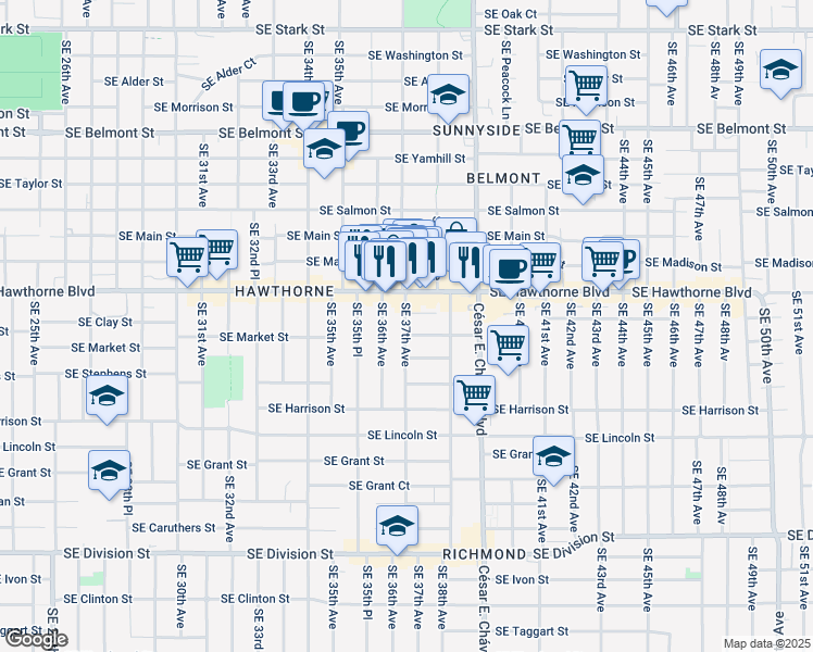 map of restaurants, bars, coffee shops, grocery stores, and more near 3735 Southeast Clay Street in Portland