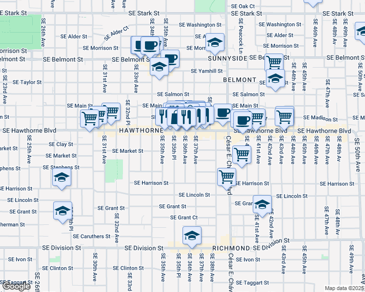 map of restaurants, bars, coffee shops, grocery stores, and more near in Portland