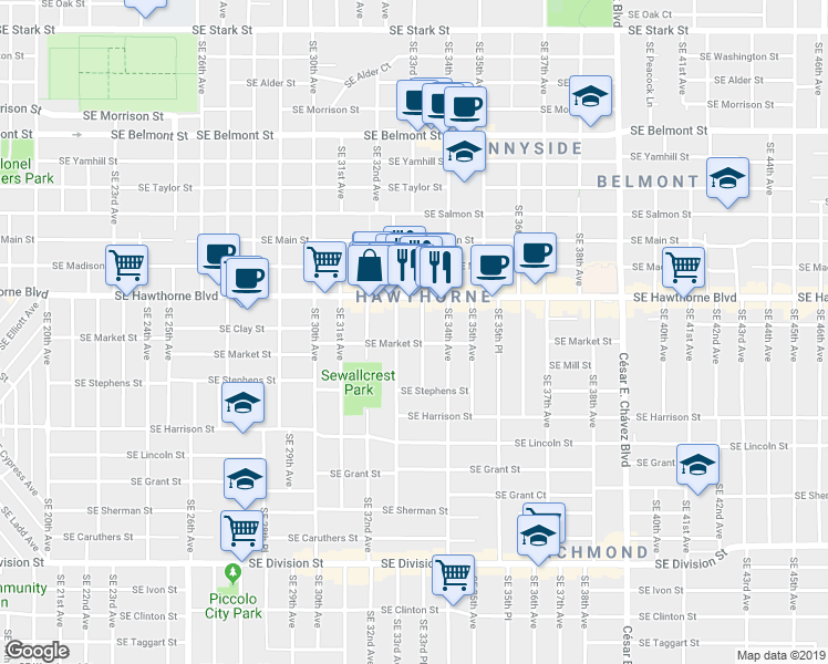 map of restaurants, bars, coffee shops, grocery stores, and more near in Portland
