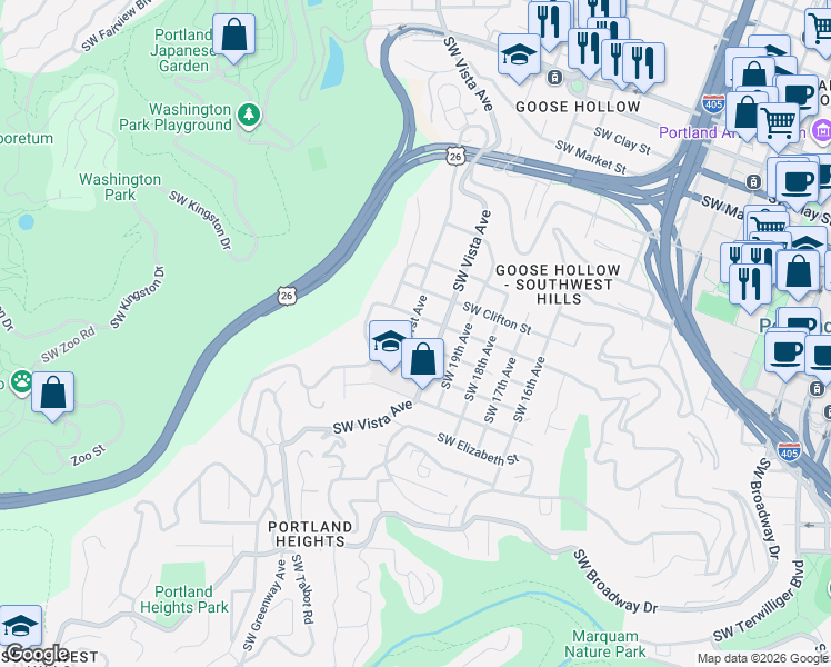 map of restaurants, bars, coffee shops, grocery stores, and more near 2133 Southwest Vista Avenue in Portland
