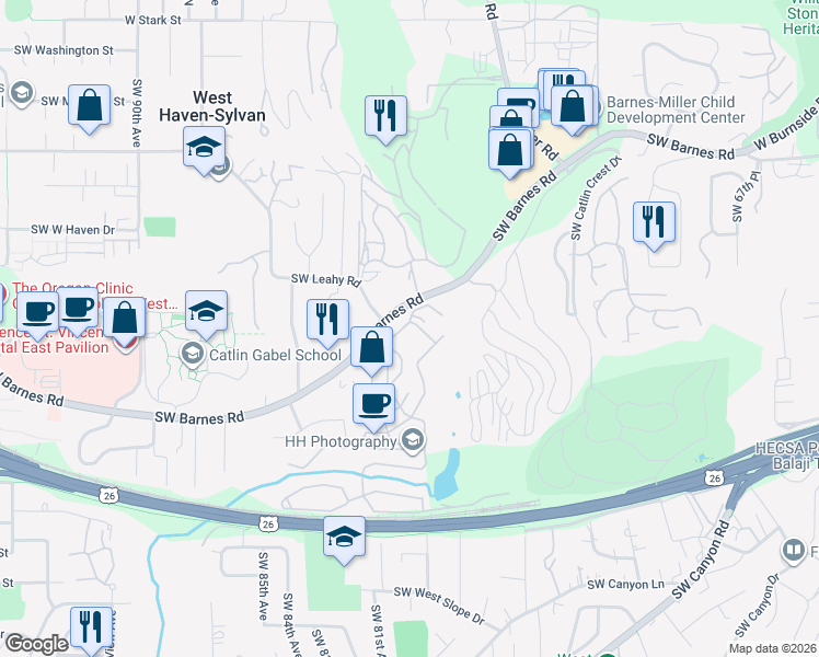map of restaurants, bars, coffee shops, grocery stores, and more near 8150 Southwest Barnes Road in Portland