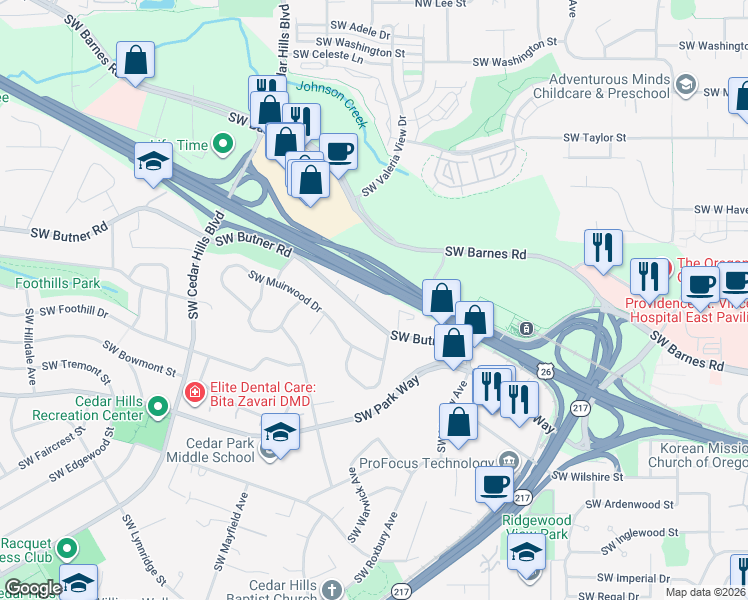 map of restaurants, bars, coffee shops, grocery stores, and more near 10795 Southwest Butner Road in Portland