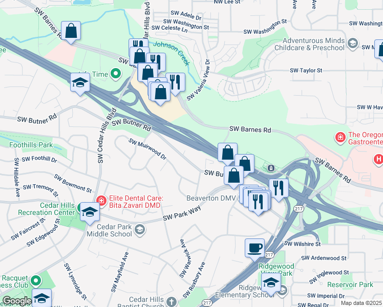 map of restaurants, bars, coffee shops, grocery stores, and more near 10795 Southwest Butner Road in Portland