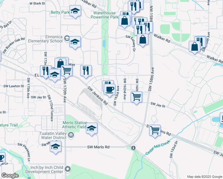 map of restaurants, bars, coffee shops, grocery stores, and more near 1015 Southwest 162nd Avenue in Beaverton