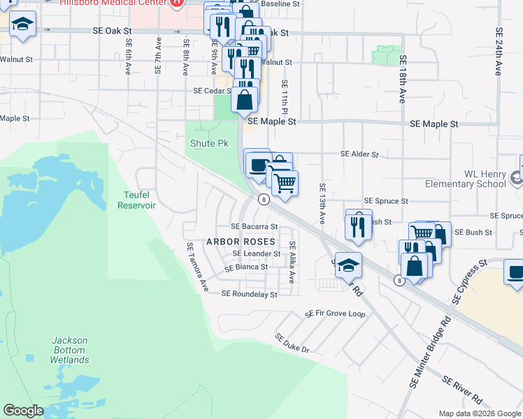 map of restaurants, bars, coffee shops, grocery stores, and more near 1057 Southeast Tualatin Valley Highway in Hillsboro