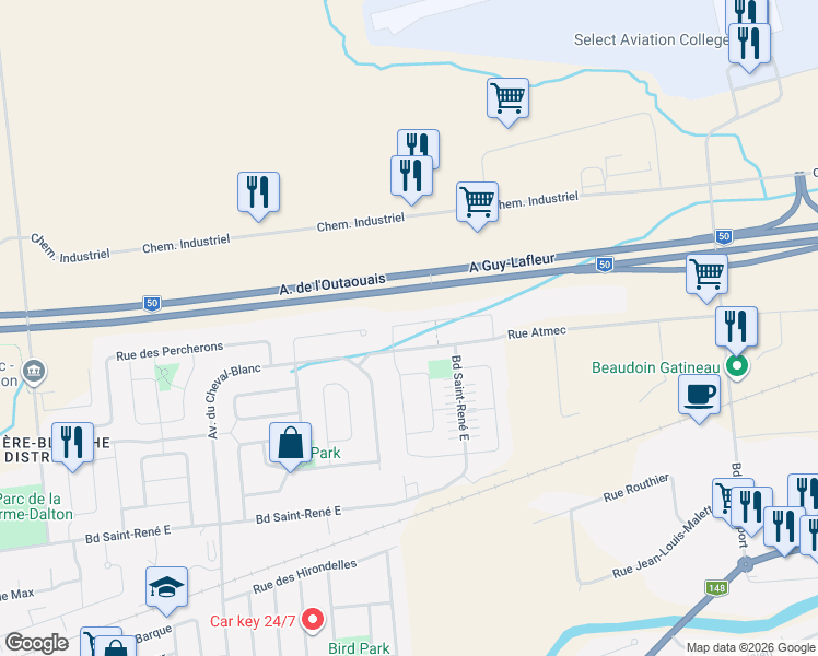 map of restaurants, bars, coffee shops, grocery stores, and more near 54 Rue Achille-Vanhée in Gatineau
