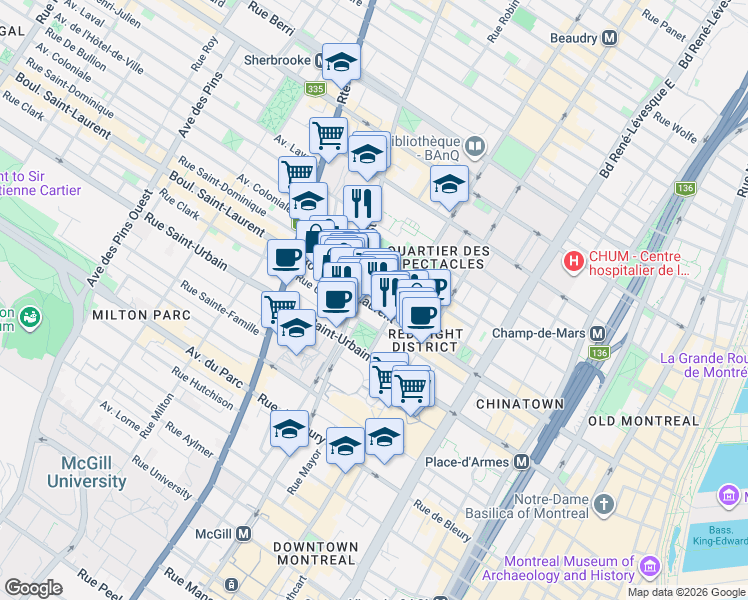 map of restaurants, bars, coffee shops, grocery stores, and more near 1607 Boulevard Saint-Laurent in Montréal