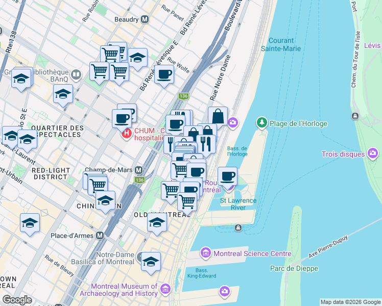 map of restaurants, bars, coffee shops, grocery stores, and more near 465 Rue Notre-Dame Est in Montréal