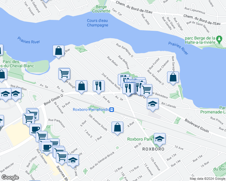 map of restaurants, bars, coffee shops, grocery stores, and more near 10435 Boulevard Gouin Ouest in Montréal