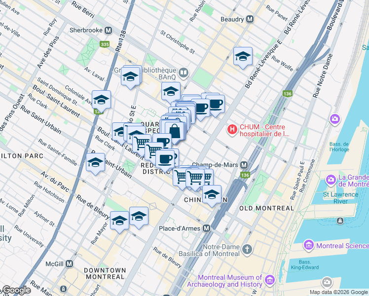 map of restaurants, bars, coffee shops, grocery stores, and more near 1248 Avenue de l'Hôtel-de-Ville in Montréal