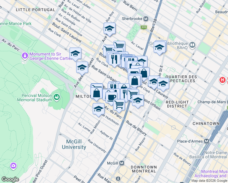 map of restaurants, bars, coffee shops, grocery stores, and more near 3525 Rue Sainte-Famille in Montréal