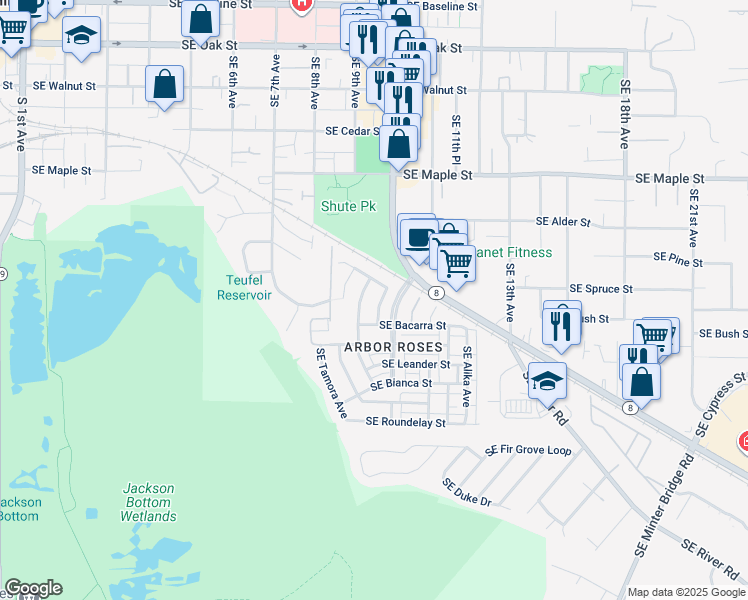 map of restaurants, bars, coffee shops, grocery stores, and more near 937 Southeast Elina Avenue in Hillsboro