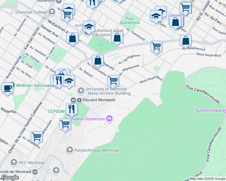 map of restaurants, bars, coffee shops, grocery stores, and more near 1420 Mont Royal Boulevard in Montreal