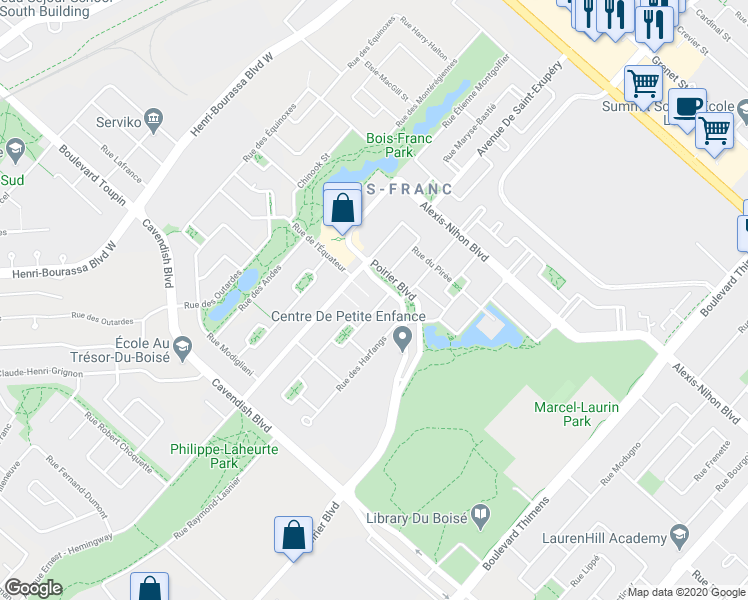 map of restaurants, bars, coffee shops, grocery stores, and more near 2599 Rue de Chamonix in Montréal