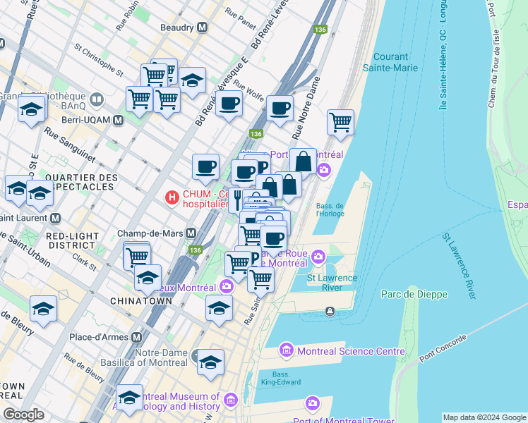 map of restaurants, bars, coffee shops, grocery stores, and more near 465 Rue Notre-Dame Est in Montréal