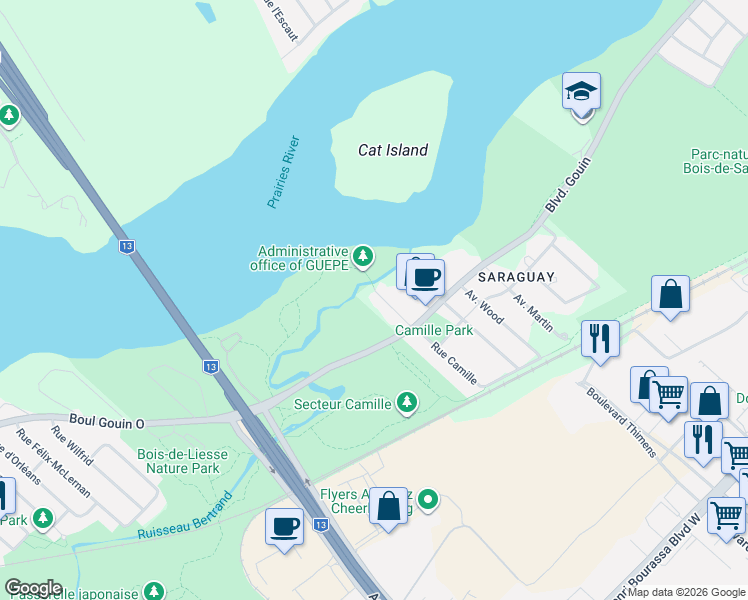 map of restaurants, bars, coffee shops, grocery stores, and more near 18 Avenue du Ruisseau in Montréal