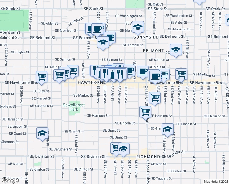 map of restaurants, bars, coffee shops, grocery stores, and more near 1610 Southeast 35th Place in Portland