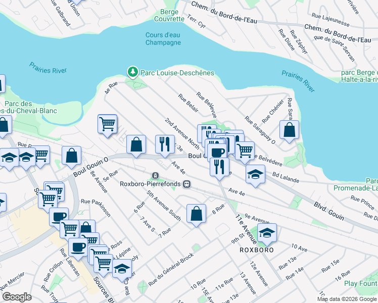 map of restaurants, bars, coffee shops, grocery stores, and more near 10435 Boulevard Gouin Ouest in Montréal
