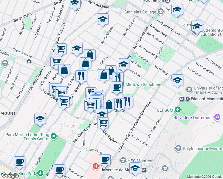 map of restaurants, bars, coffee shops, grocery stores, and more near 2180 Avenue Van Horne in Montrã©Al