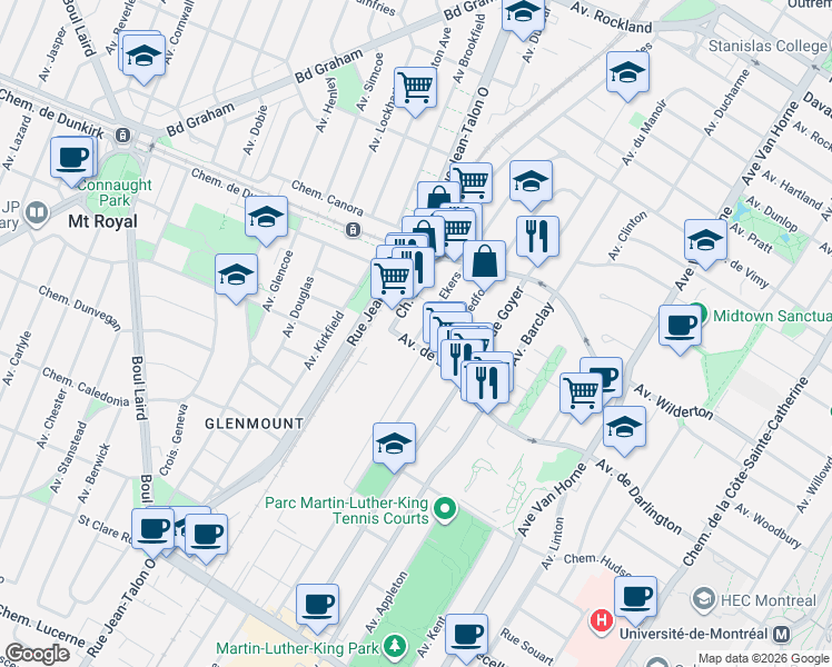 map of restaurants, bars, coffee shops, grocery stores, and more near 2875 Avenue Ekers in Montrã©Al