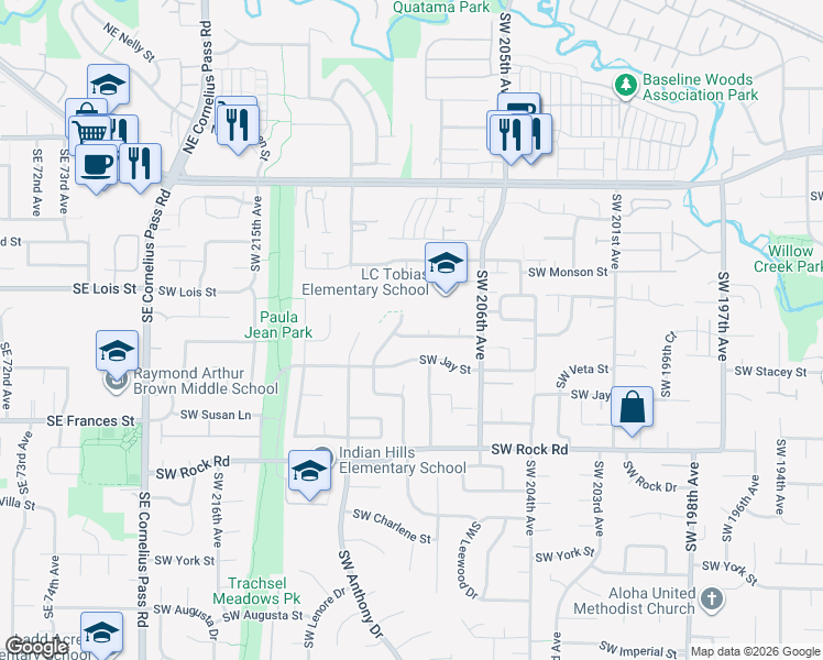 map of restaurants, bars, coffee shops, grocery stores, and more near 1124 Southwest 209th Avenue in Aloha
