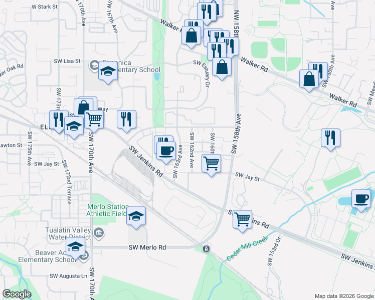 map of restaurants, bars, coffee shops, grocery stores, and more near 16235 Southwest Gage Lane in Beaverton