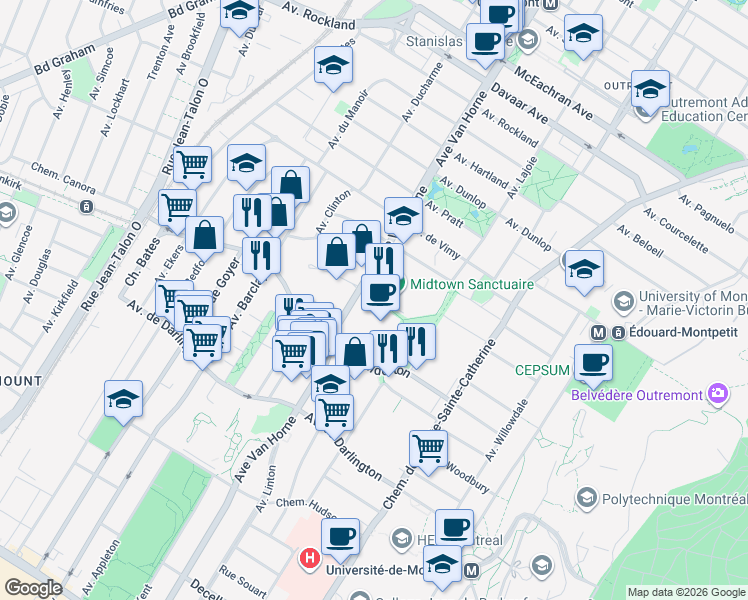 map of restaurants, bars, coffee shops, grocery stores, and more near 6150 Avenue du Boisé in Montréal