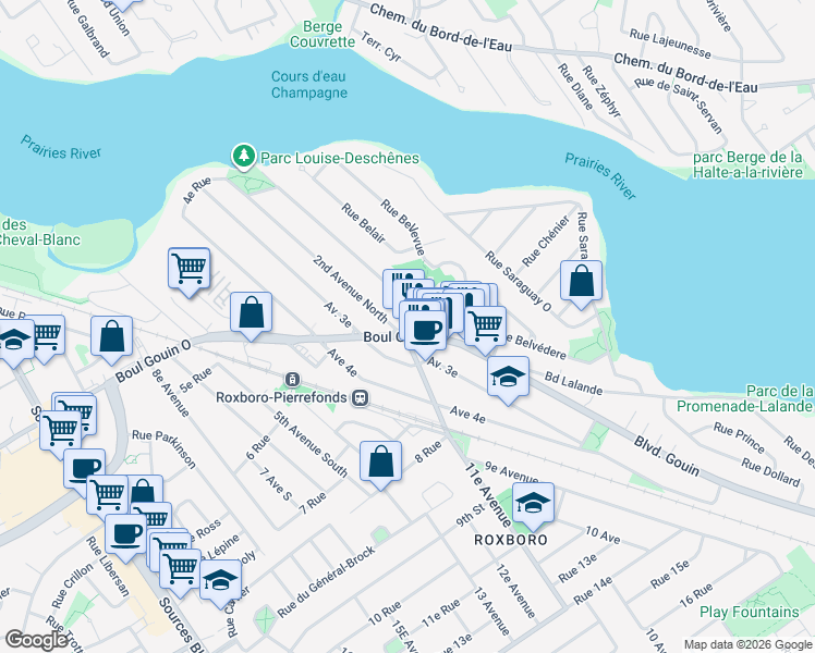 map of restaurants, bars, coffee shops, grocery stores, and more near 10425 Boulevard Gouin Ouest in Montréal