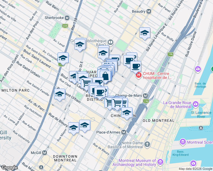 map of restaurants, bars, coffee shops, grocery stores, and more near 1255 Rue De Bullion in Montrã©Al