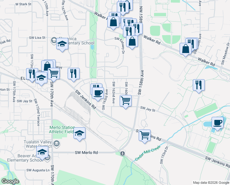 map of restaurants, bars, coffee shops, grocery stores, and more near 1190 Southwest 162nd Avenue in Beaverton