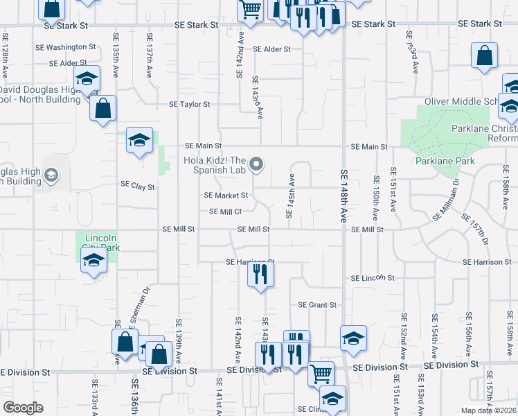 map of restaurants, bars, coffee shops, grocery stores, and more near 1712 Southeast 142nd Place in Portland