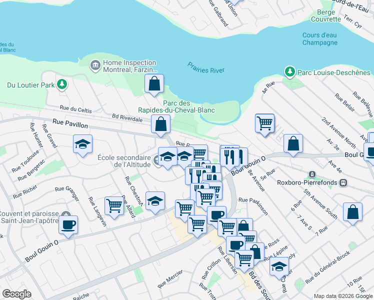 map of restaurants, bars, coffee shops, grocery stores, and more near 11756 Rue Pavillon in Montréal