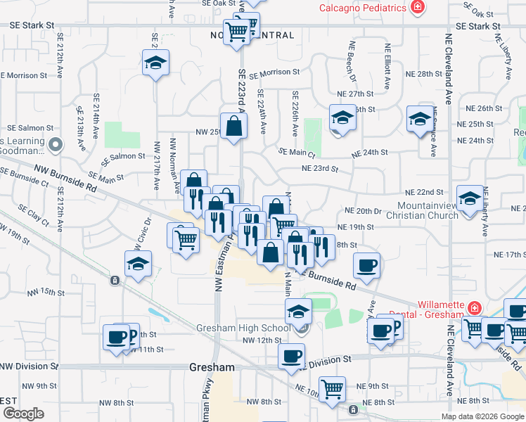 map of restaurants, bars, coffee shops, grocery stores, and more near 155 Northwest 20th Street in Gresham