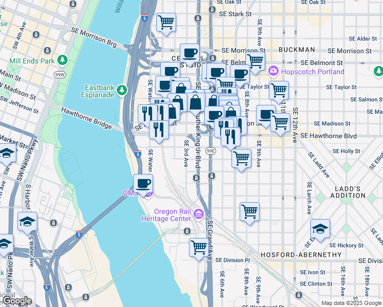 map of restaurants, bars, coffee shops, grocery stores, and more near in Portland