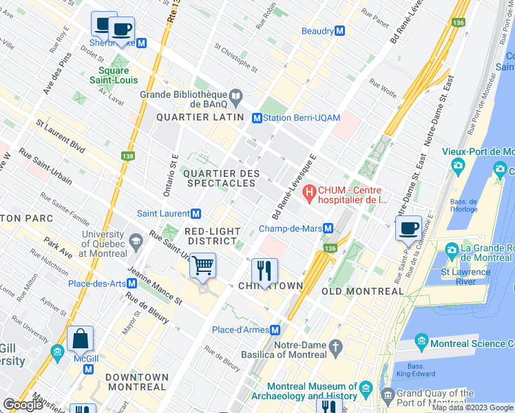 map of restaurants, bars, coffee shops, grocery stores, and more near 178 Rue Charlotte in Montréal