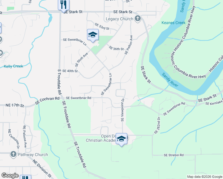 map of restaurants, bars, coffee shops, grocery stores, and more near 4330 Southeast Sweetbriar Court in Troutdale