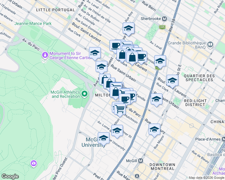 map of restaurants, bars, coffee shops, grocery stores, and more near 3666 Rue Jeanne-Mance in Montréal