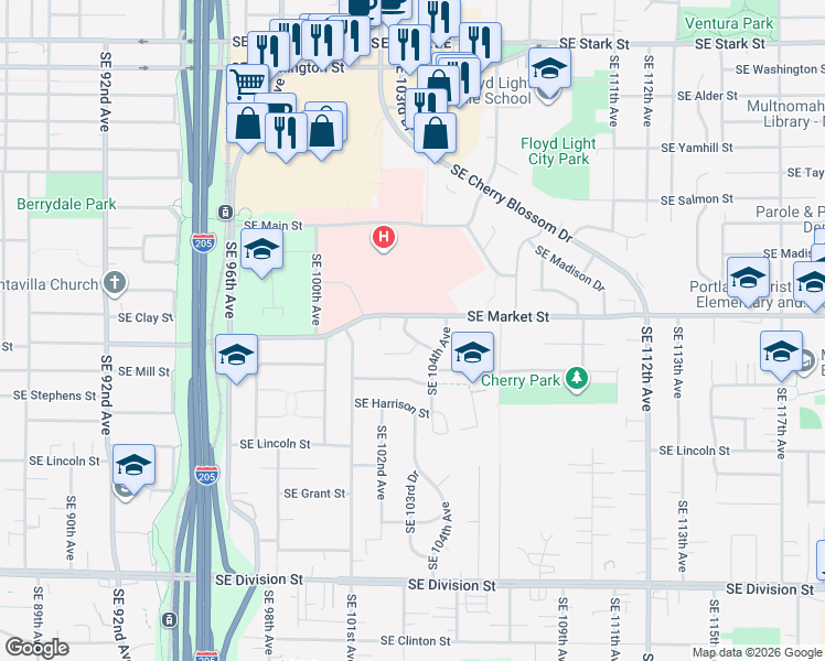 map of restaurants, bars, coffee shops, grocery stores, and more near 10230 Southeast Market Drive in Portland