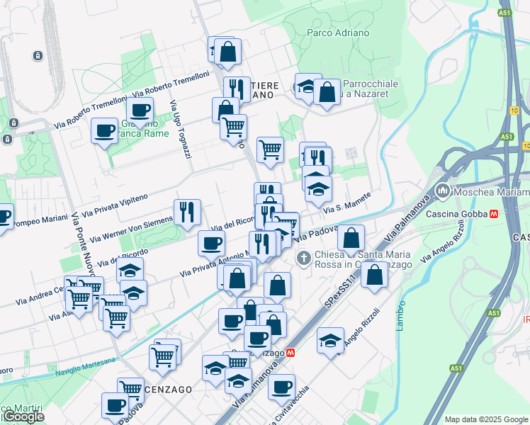 map of restaurants, bars, coffee shops, grocery stores, and more near 20 Via Adriano Publio Elio in Milan