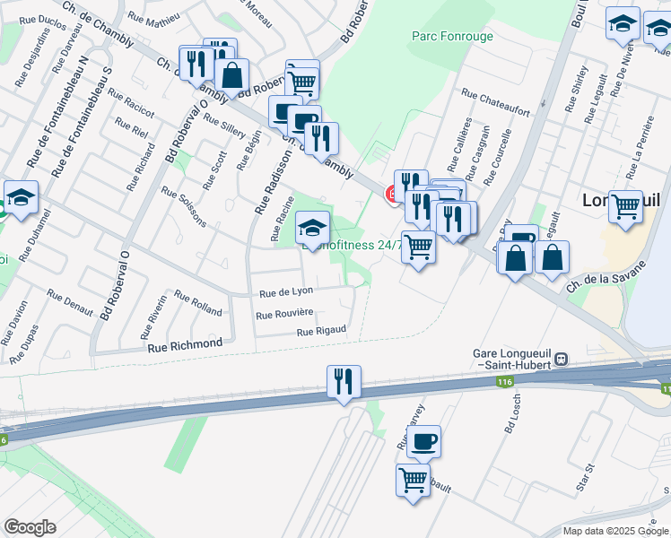 map of restaurants, bars, coffee shops, grocery stores, and more near 3547 Rue de Lyon in Longueuil