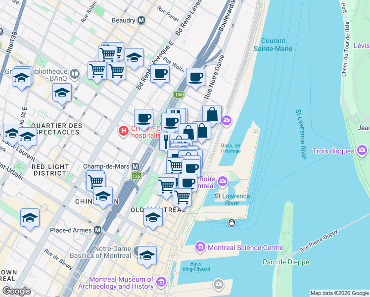 map of restaurants, bars, coffee shops, grocery stores, and more near 465 Rue Notre-Dame Est in Montréal
