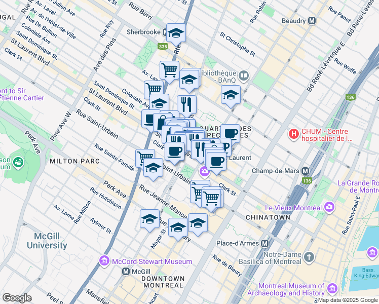 map of restaurants, bars, coffee shops, grocery stores, and more near 1625 Rue Clark in Montréal