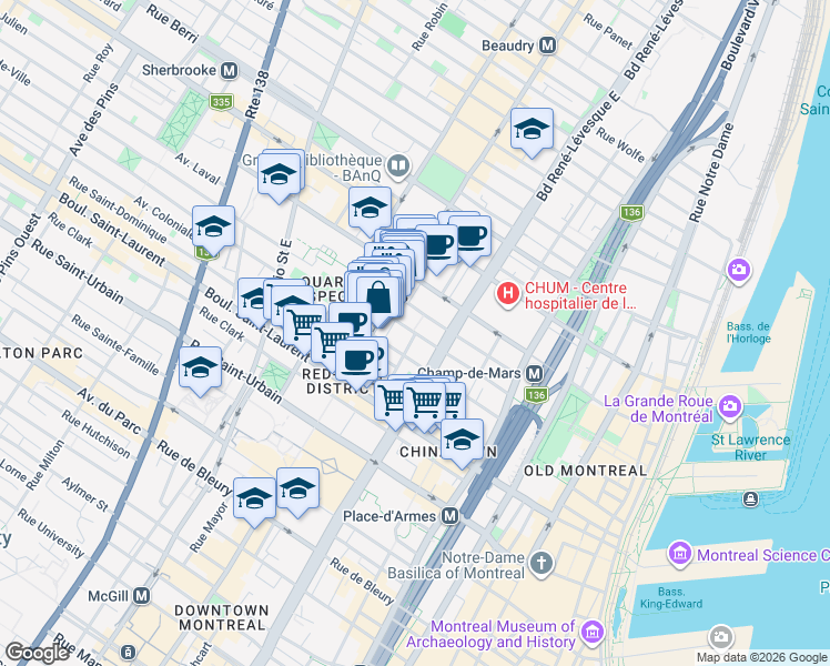 map of restaurants, bars, coffee shops, grocery stores, and more near 1248 Avenue de l'Hôtel de Ville in Montreal