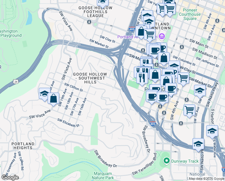 map of restaurants, bars, coffee shops, grocery stores, and more near 1300 Southwest Park Avenue in Portland