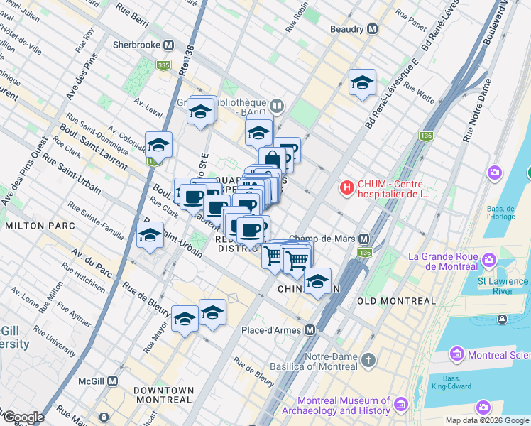 map of restaurants, bars, coffee shops, grocery stores, and more near 1255 Rue De Bullion in Montréal